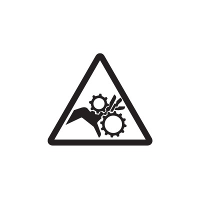 Graphic of a line drawn triangle with a hand stuck in gears inside, created by Industrial Nameplate