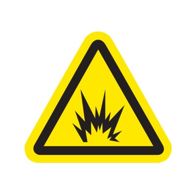 Yellow triangle with explosion inside explosive graphic created by Industrial Nameplate
