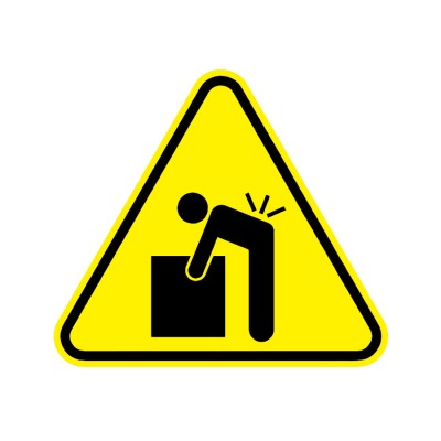 Heavy object warning graphic of a yellow triangle with a man trying to lift a box and hurting his back, created by Industrial Nameplate